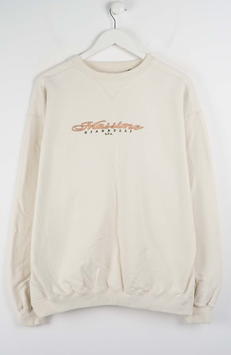 Beige sweatshirt with text on a white background