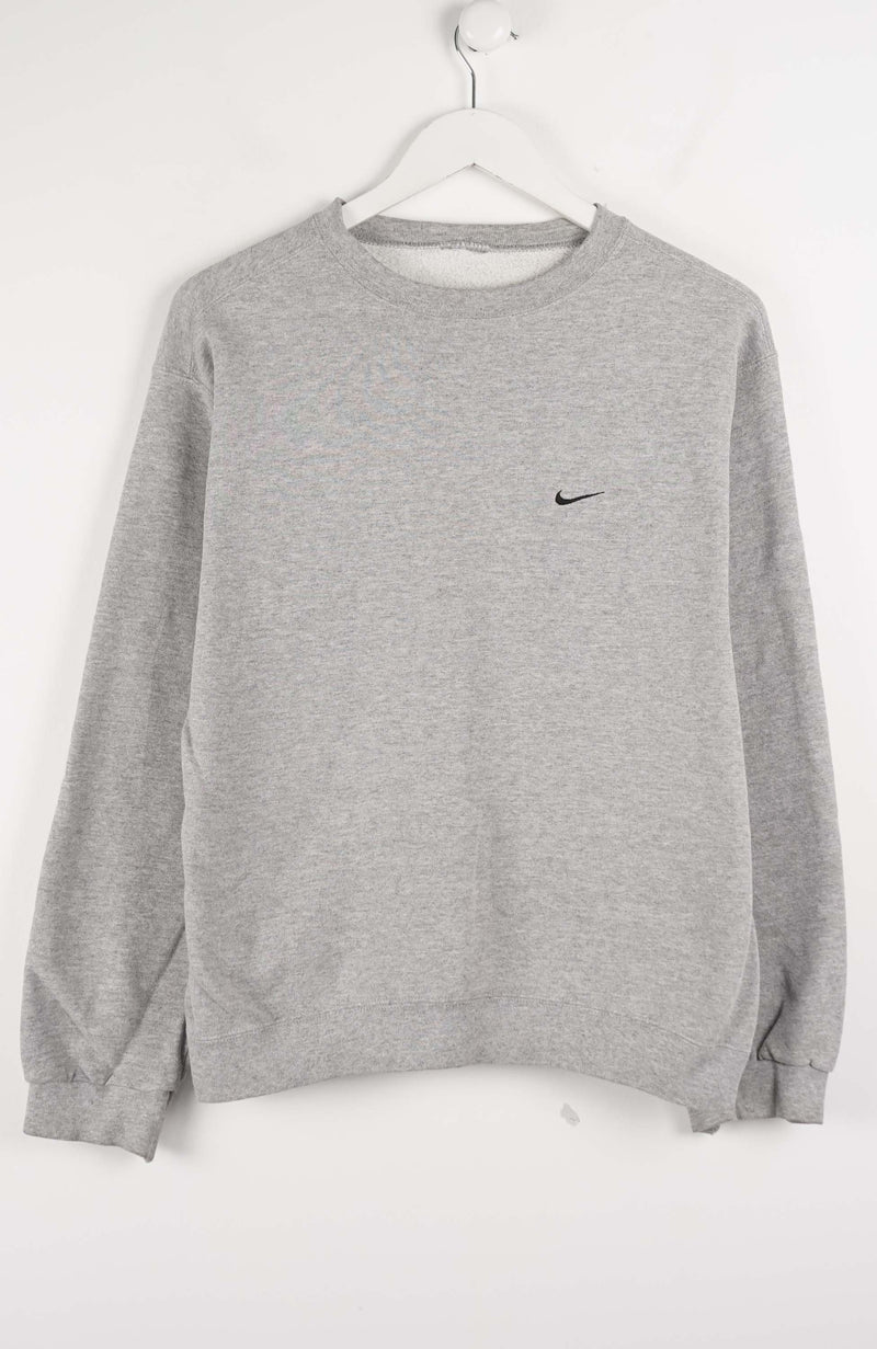 Gray sweatshirt with a small black logo on a white background