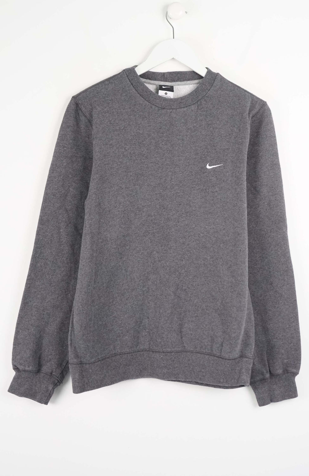 Gray sweatshirt with a small logo on a white background