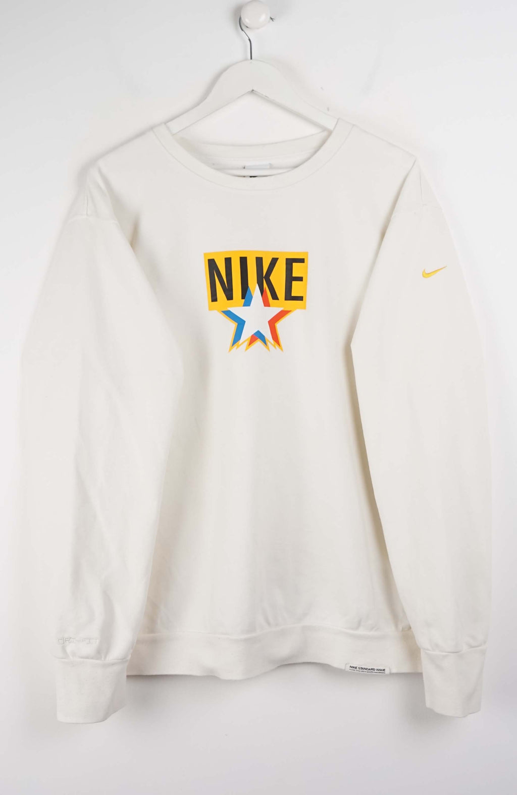 White sweatshirt with colorful Nike logo on a white background