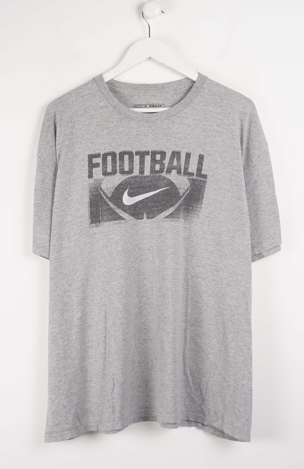 Gray t-shirt with 'Football' and Nike logo on a white background