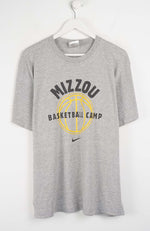 Gray t-shirt with 'Mizzou Basketball Camp' print on a white background