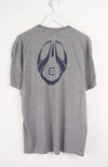 Gray t-shirt with a logo on a white background