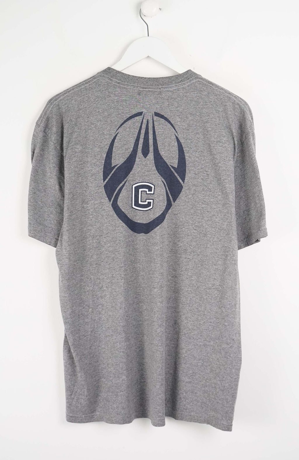 Gray t-shirt with 'UCONN' text on a white background
