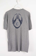 Gray t-shirt with a logo on a white background