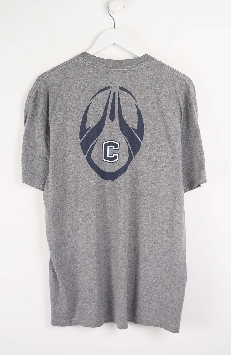Gray t-shirt with a logo on a white background