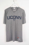 Gray t-shirt with 'UCONN' text on a white background
