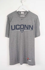 Gray t-shirt with 'UCONN' text on a white background