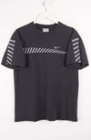 Black t-shirt with Nike logo and striped sleeves on a white background