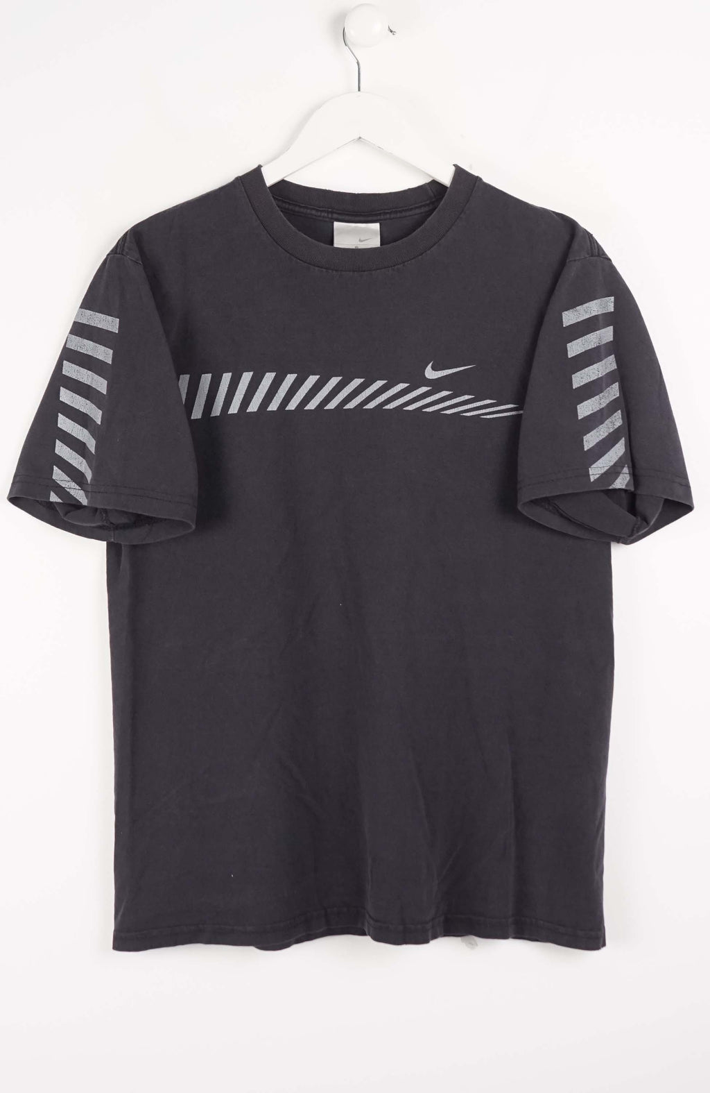 Black t-shirt with Nike logo and striped sleeves on a white background