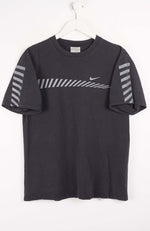 Black t-shirt with Nike logo and striped sleeves on a white background