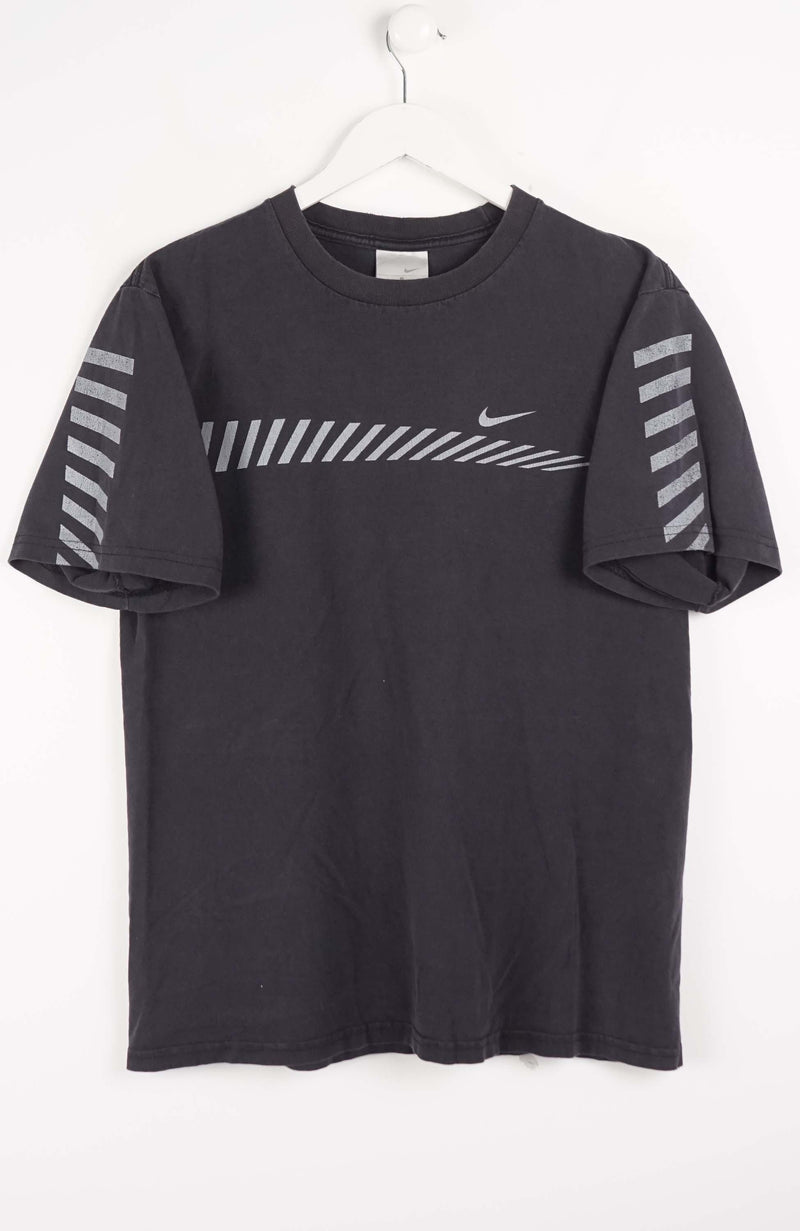 Black t-shirt with Nike logo and striped sleeves on a white background
