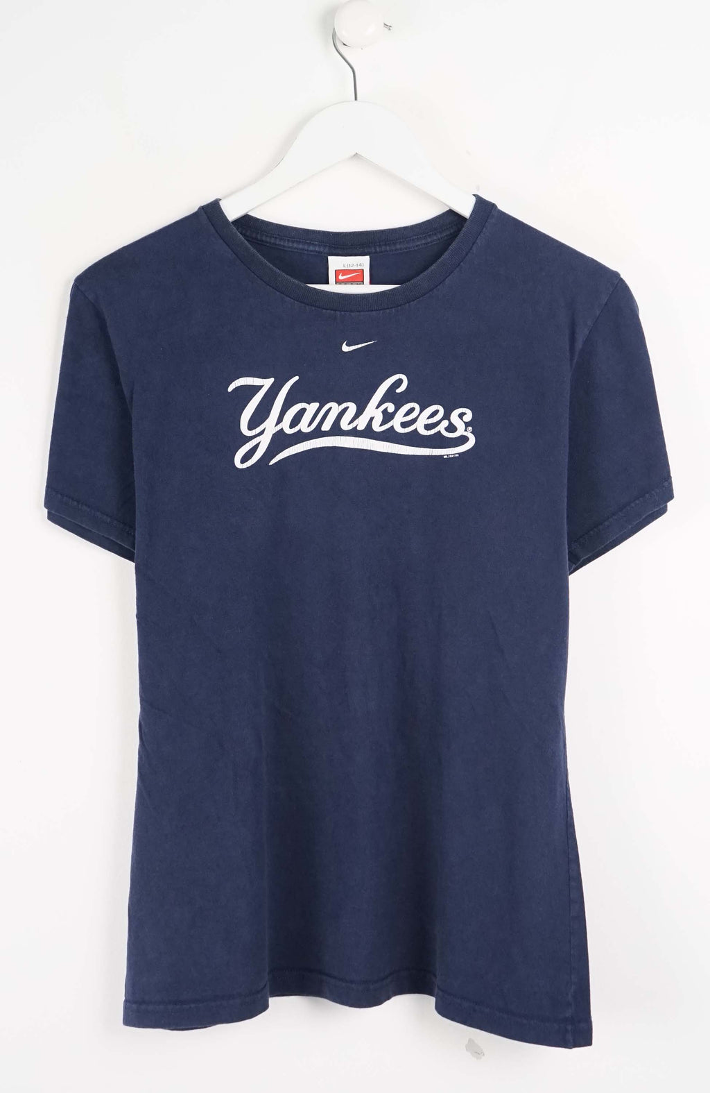 Navy blue t-shirt with 'Yankees' text on a white background