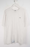 White t-shirt with a black logo on a hanger against a white background