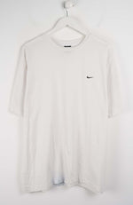 White t-shirt with a black logo on a hanger against a white background