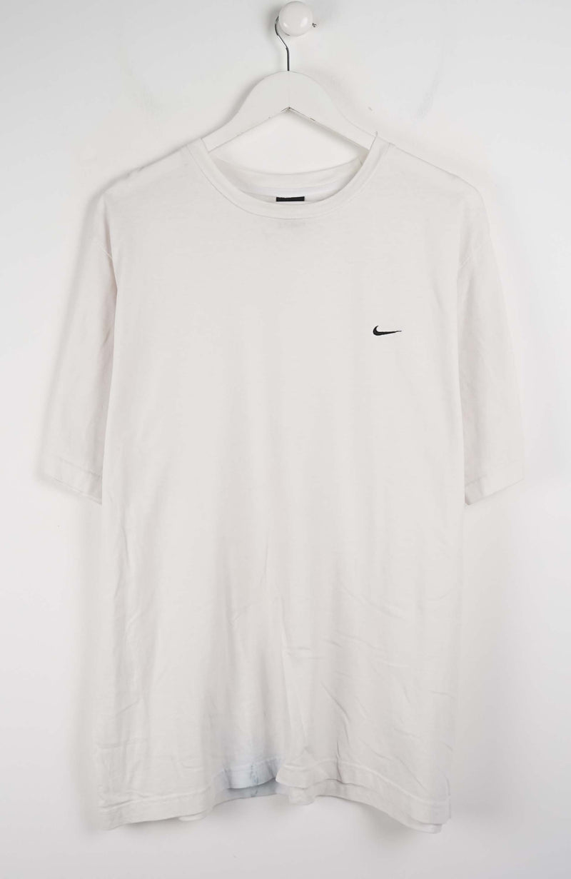 White t-shirt with a black logo on a hanger against a white background