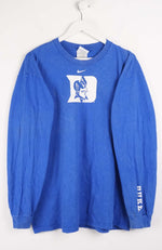 Blue long-sleeve shirt with a logo on a white background