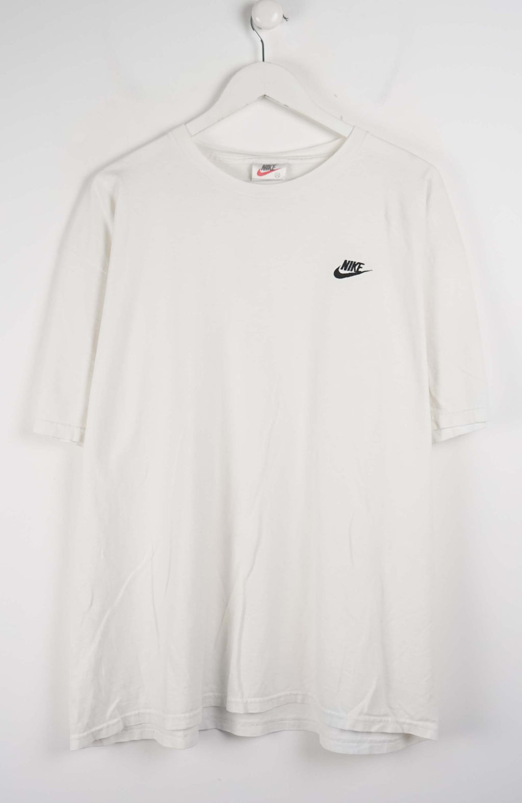 White long-sleeve shirt with a black logo on a white background