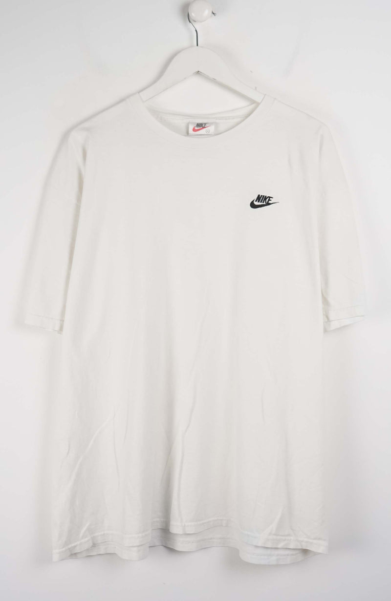 White long-sleeve shirt with a black logo on a white background