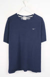 Navy blue t-shirt with Nike logo on a white background
