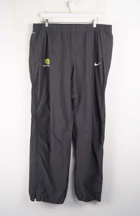 Gray tracksuit pants with logos on a white background