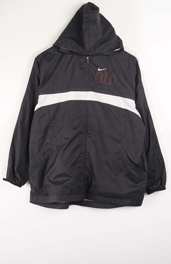 Black jacket with a white stripe and red logo on a white background
