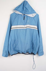 Blue hooded jacket with a Nike logo on a white background