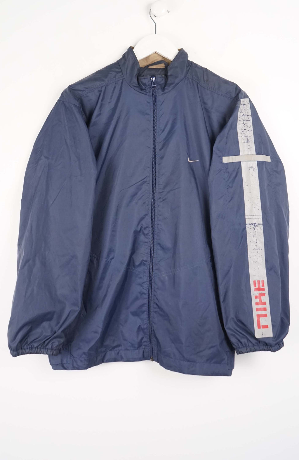Blue jacket with a logo and text on a white background