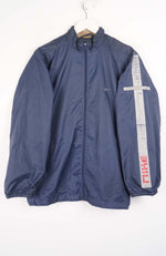 Blue jacket with a logo and text on a white background