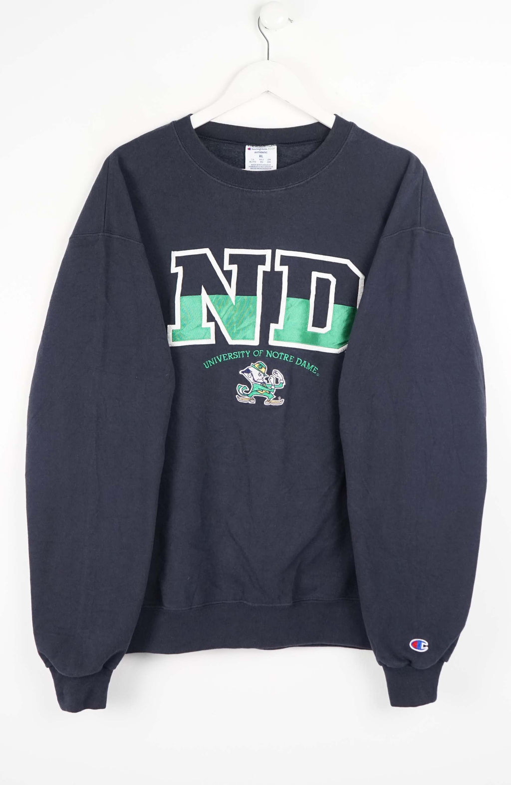 Navy sweatshirt with 'ND' and 'University of Notre Dame' text on a white background