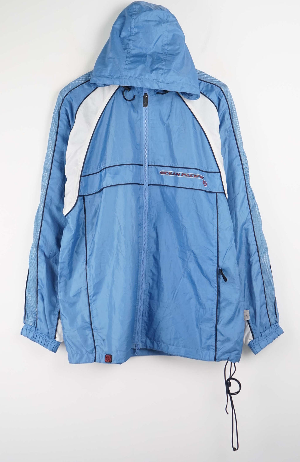 Blue jacket with white accents on a white background