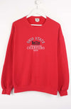 Red sweatshirt with text on a white background