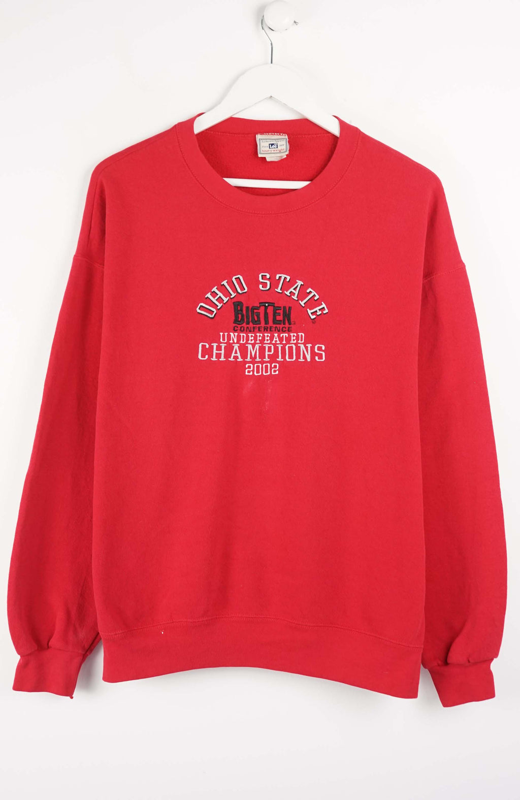 Red sweatshirt with text on a white background