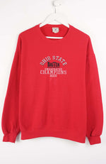 Red sweatshirt with text on a white background
