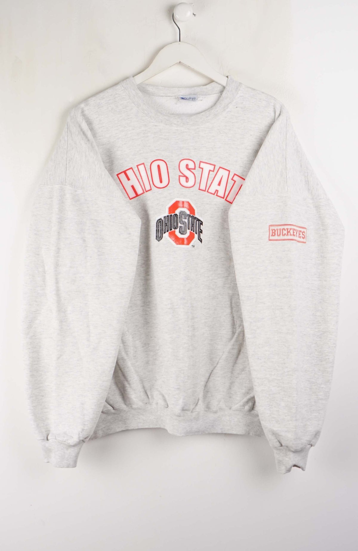 Gray sweatshirt with 'OHIO STATE' text on a white background