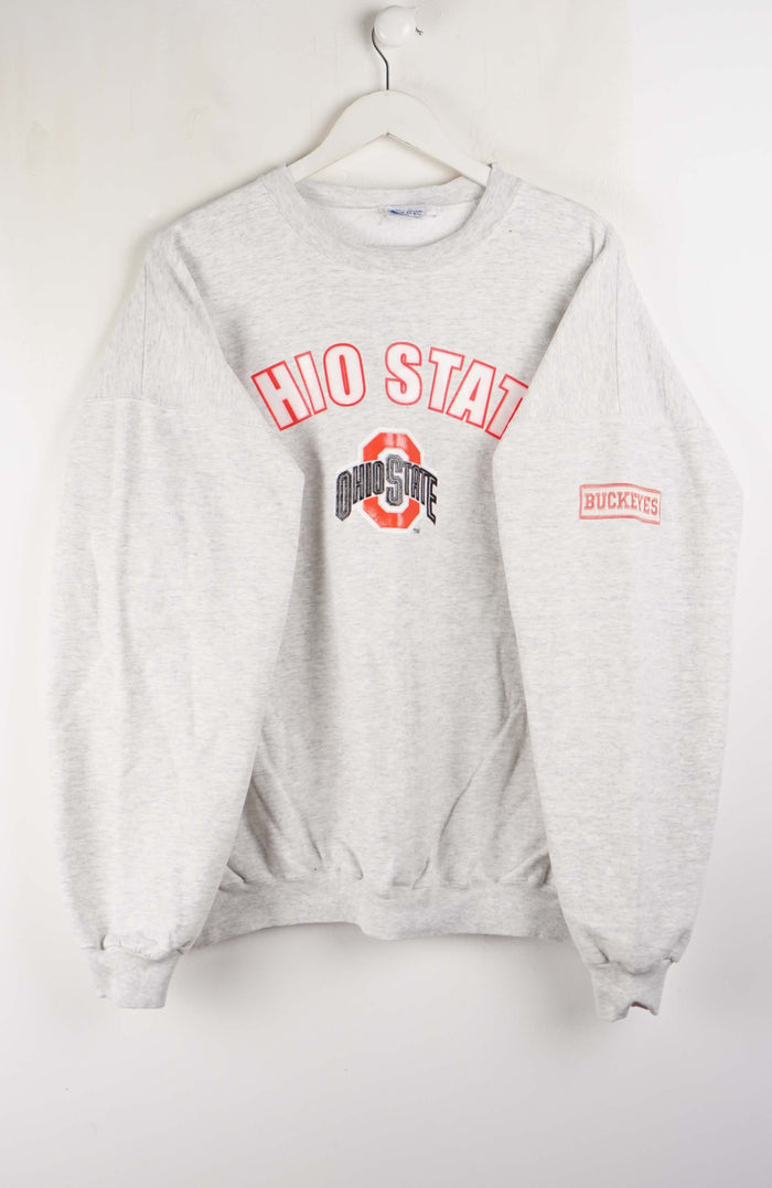 Gray sweatshirt with 'OHIO STATE' text on a white background