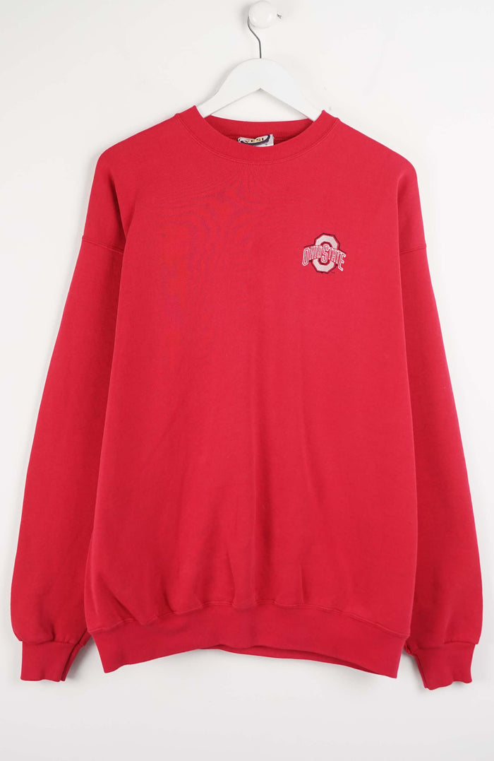 Red sweatshirt with a logo on a white background