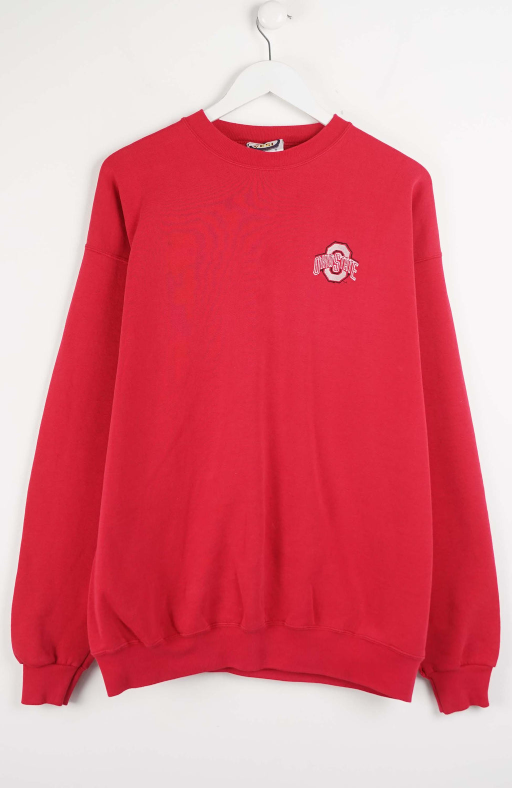 Red sweatshirt with a logo on a white background