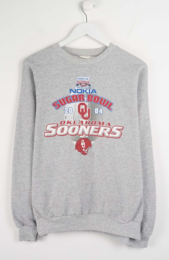Gray sweatshirt with Oklahoma Sooners and Nokia Sugar Bowl 2004 text on a white background