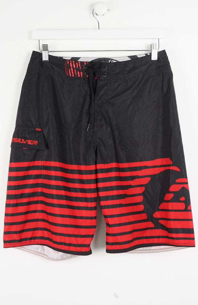 Black and red striped shorts with a logo on a white background