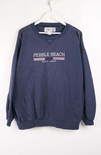 Navy blue sweatshirt with 'Pebble Beach Golf Links' text on a white background