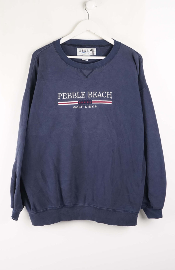 Navy blue sweatshirt with 'Pebble Beach Golf Links' text on a white background