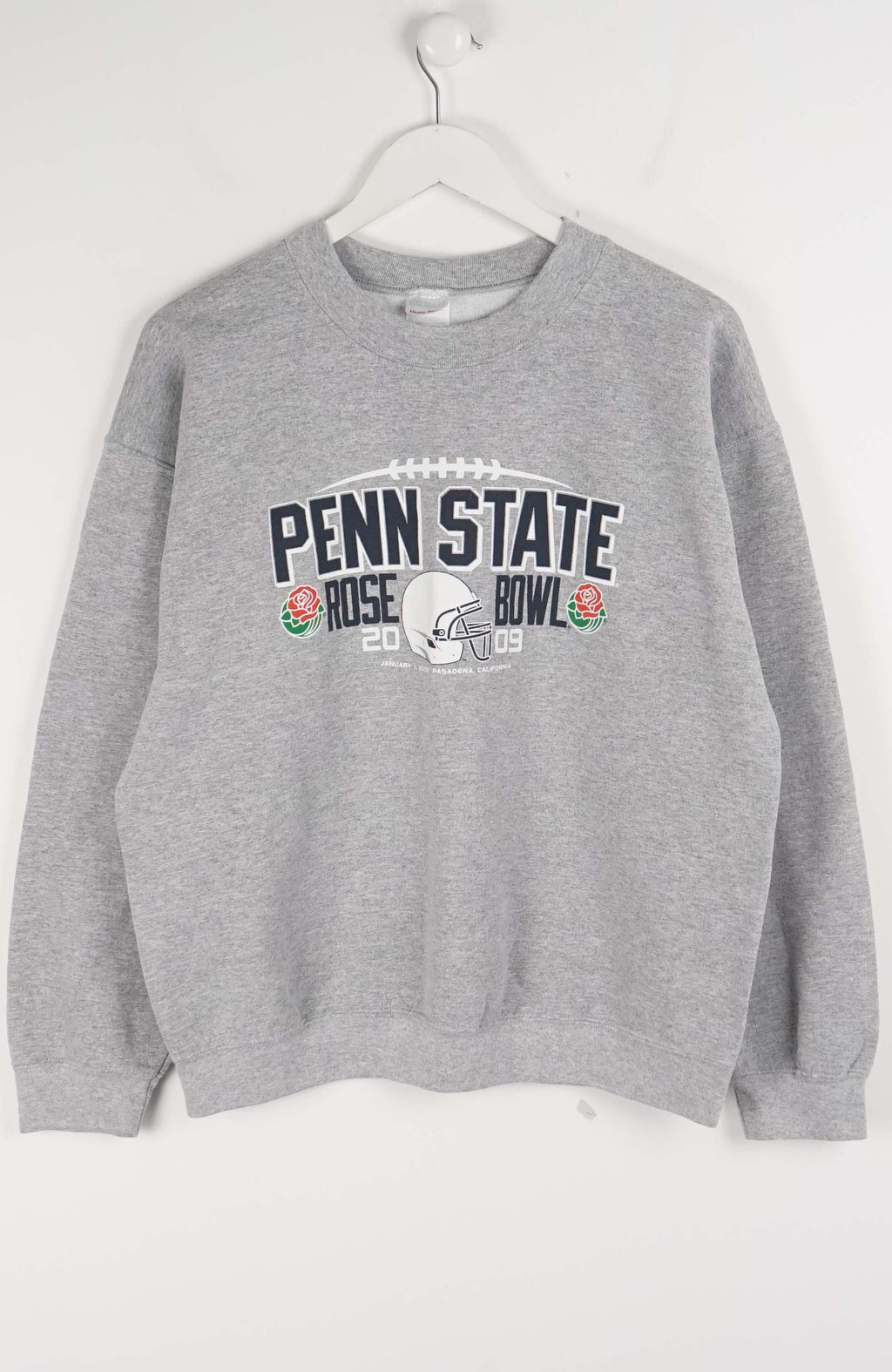 Gray sweatshirt with 'Penn State Rose Bowl' text on a white background