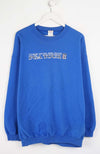 Blue sweatshirt with text on a white background