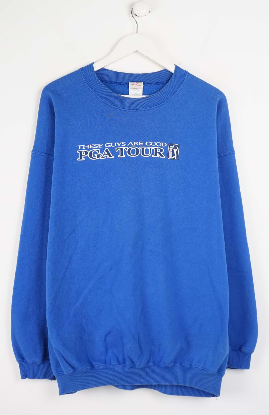 Blue sweatshirt with text on a white background