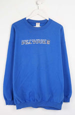 Blue sweatshirt with text on a white background