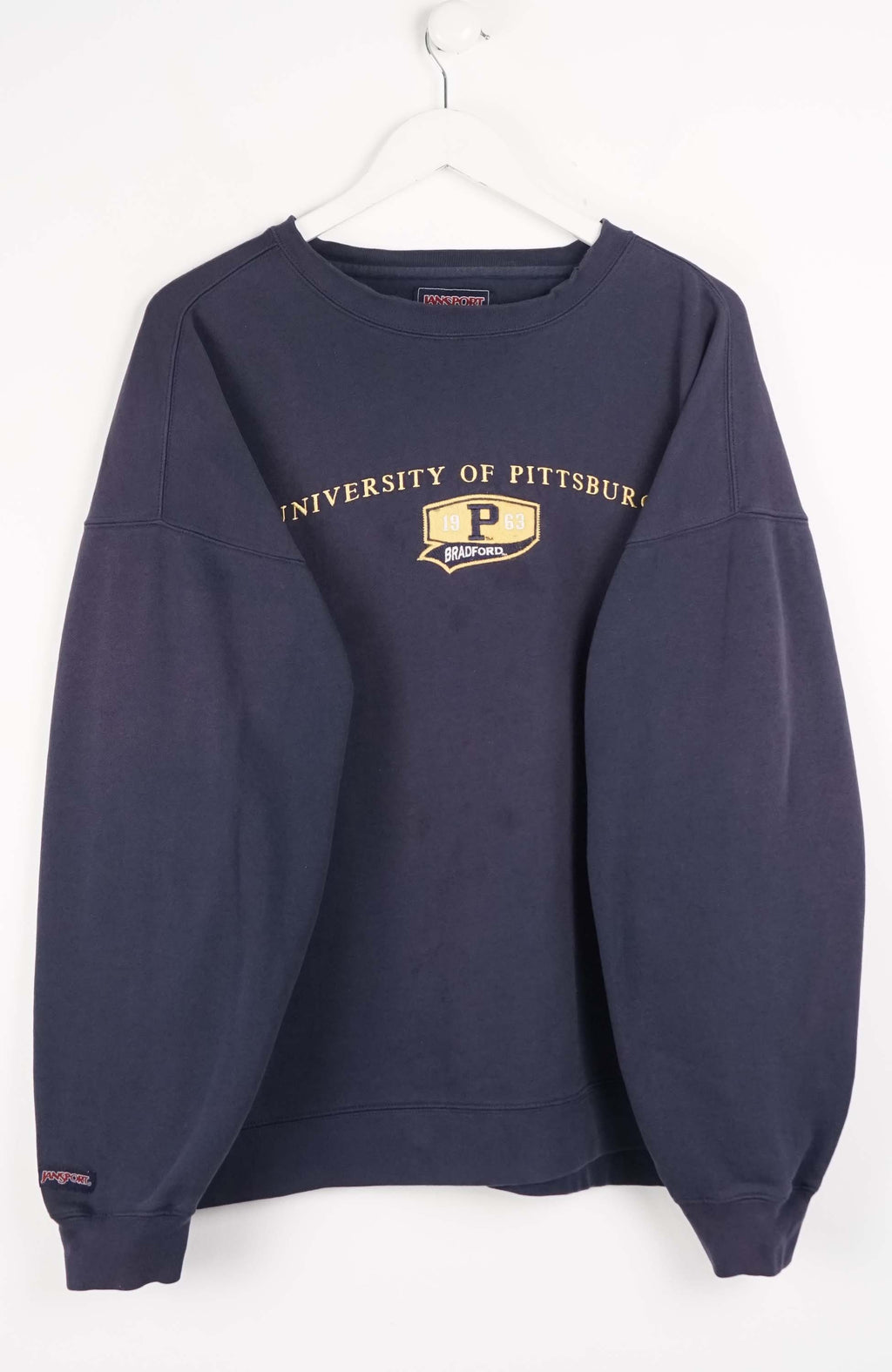 Navy blue sweatshirt with 'University of Pittsburgh' logo on a white background