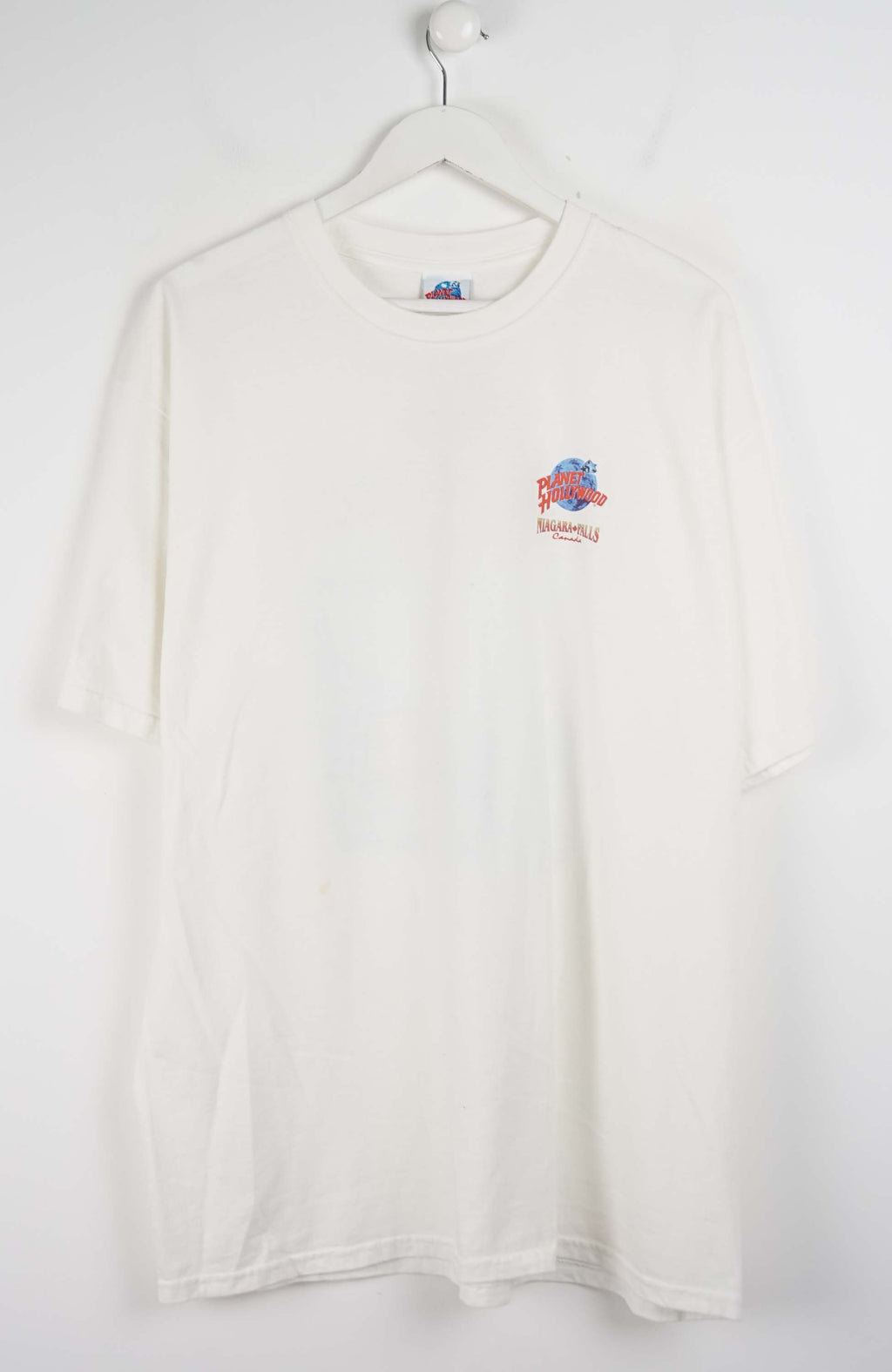 White long-sleeve shirt with a colorful graphic on a white background
