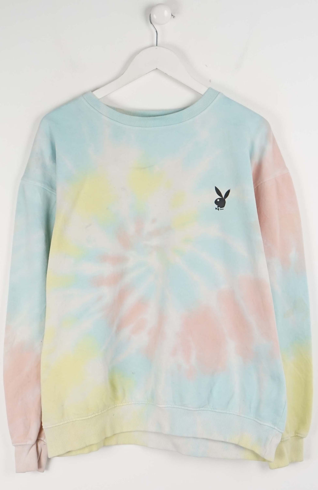 Tie-dye sweatshirt with a brand logo on a white background
