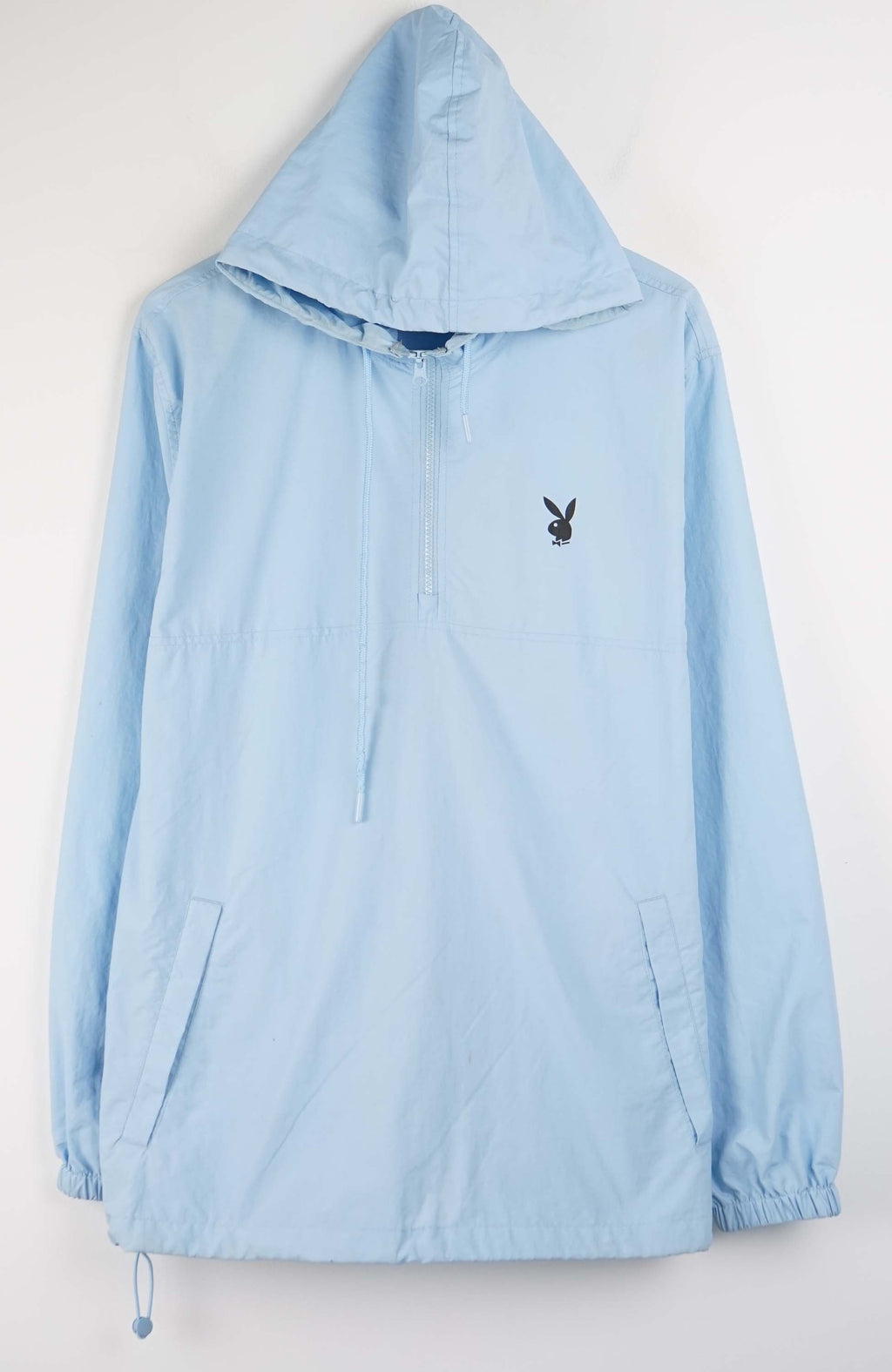 Light blue hooded jacket with a brand logo on a white background